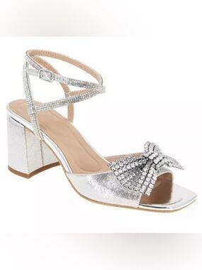 BCBGeneration Women's Tawny Block-Heel Bow Dress Sandals Silver Size 7 NWOB